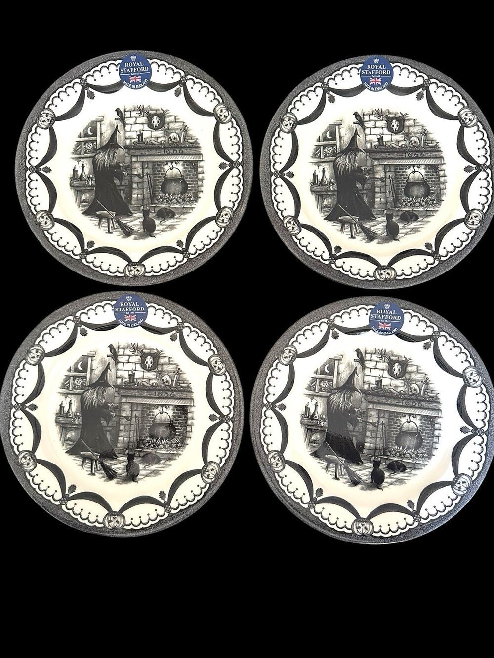 4 Royal Stafford Spookeyville Witches Home Black Cat 8.5” Salad Plates NWT